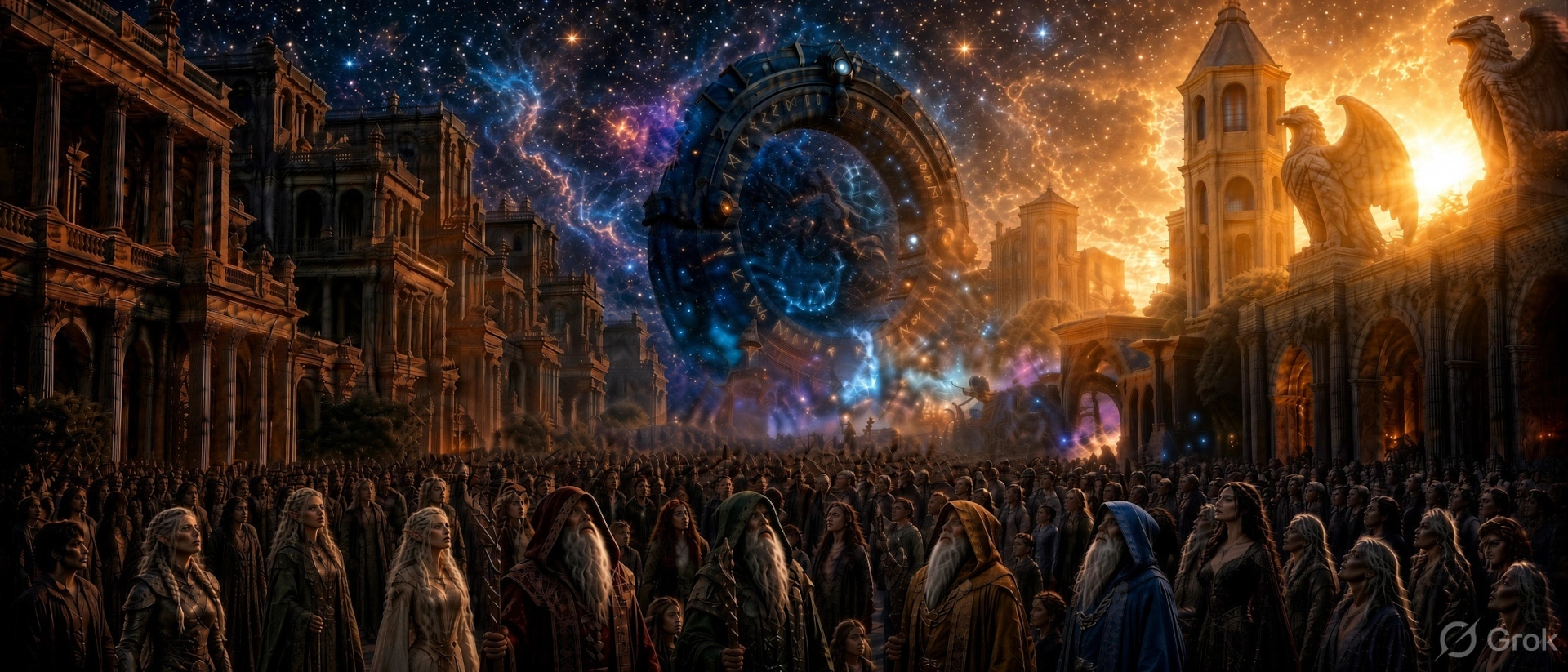 A society of wizards gathers near a star portal as the sun shines across eagle statues. Image via Grok AI.